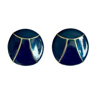 Blue Gold Geometric Round Earrings Vintage